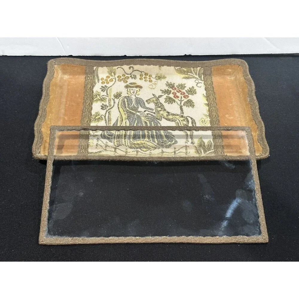 Antique Schreibmayr Wood Lace Embroided Fabric Glass Letter Trinket Jewelry Tray